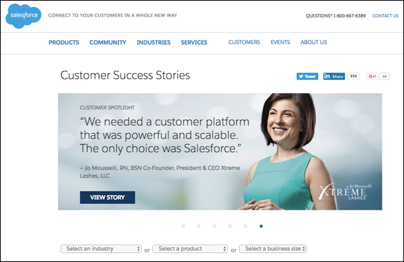 Screenshot of web page of Salesforce that creates content which converts at the BOFU by telling customer success stories.