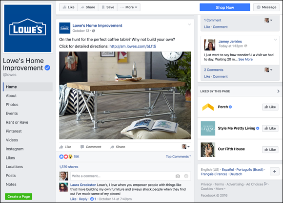 Screenshot of Facebook, where Lowe's establishes the benefit of the content and gives a clear call to action for the viewer to click.