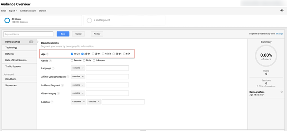 Screenshot of selecting the age range filter.