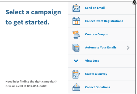 Screenshot of different types of campaigns available in Constant Contact.