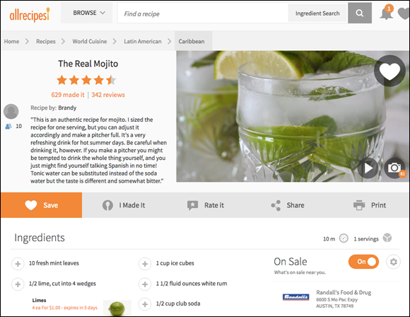 Screenshot of the web page of Allrecipes.com, which satisfies a searcher’s intent for a mojito recipe.