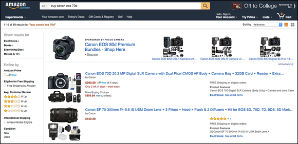 Screenshot of a search query in Amazon satisfies a search for the Canon EOS 70D