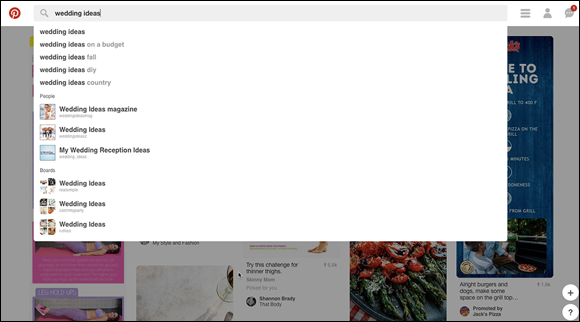 Screenshot of prompts that Pinterest gives when searching the platform.