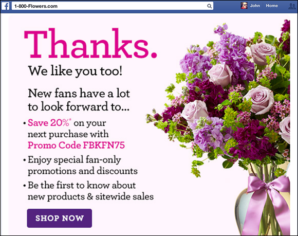 Screenshot of the Facebook Page of 1-800-Flowers.com that displays special offers that link to its website.