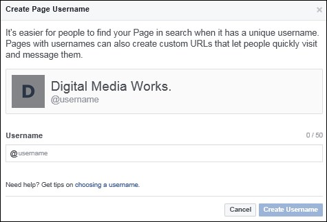 Screenshot of entering a username for the Page, which usually is the name of the business.