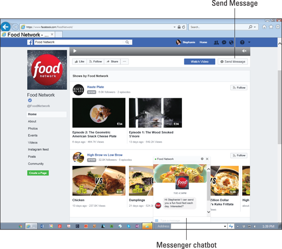 Screenshot of Food Network’s Messenger chatbot in the Facebook page that provides recipes and fun facts.