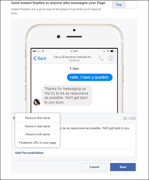 Screenshot of editing your Instant Replies message and choosing Add Personalization.