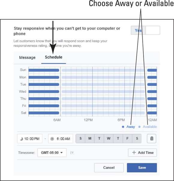 Screenshot of editing your Away response and scheduling when it will appear.