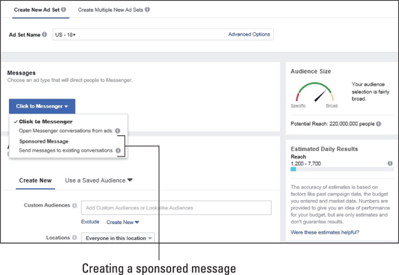 Screenshot of choosing to create a Sponsored Message with Messenger.