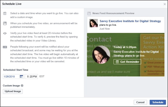 Screenshot of scheduling options for your Facebook Live broadcast.