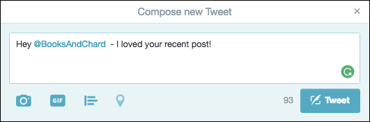 Screenshot of @reply in order to get someone’s attention on Twitter.