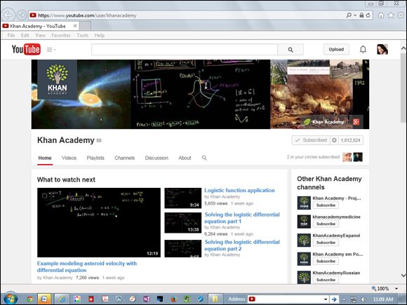 Screenshot of web page of Khan Academy, which is a customized YouTube channel.