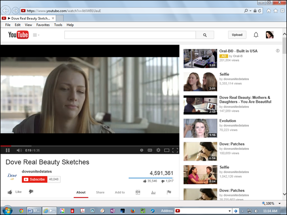 Screenshot of web page of The Dove Portraits video in YouTube.