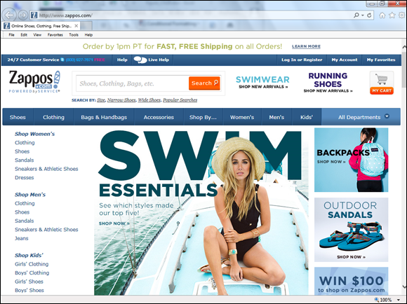 Screenshot of the web page of Zappos, which is online shoe and clothing retailer.