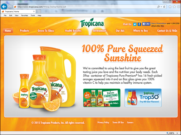 Screenshot of the home page of Tropicana, the web page displays the iconic orange juice label.