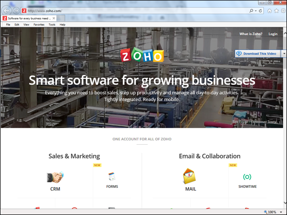 Screenshot of the web page of Zoho.