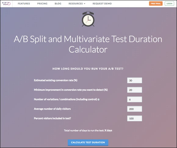 Screenshot of a test duration calculator from Visual Website Optimizer.