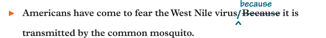 An example reads, Americans have come to fear the West Nile virus (strikethrough) period Because (end strikethrough) (insert) because (end insert) it is transmitted by the common mosquito.