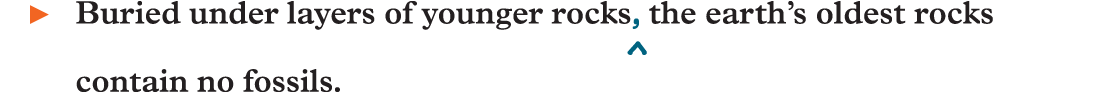 An example reads, Buried under layers of younger rocks (insert) comma (end inserts) the earth’s oldest rocks contain no fossils.