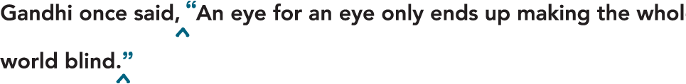 An example reads, Gandhi once said, (insert) open quotes (end inserts) An eye for an eye only ends up making the whole world blind. (insert) close quotes (end inserts)