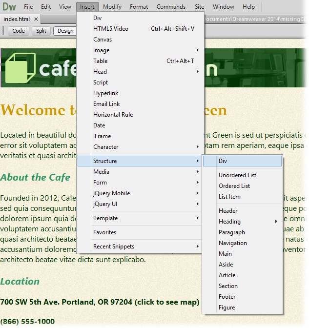 When you read “Choose Insert→Structure→Div” in this Missing Manual, that means, “From Dreamweaver’s menu bar, click the Insert command. From the drop-down menu that appears, select Structure. That opens a list of HTML tags you can add to the currently open document; select Div from that list.”