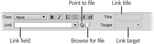 The Properties panel gives you three ways to add links to a web page: by typing its URL in the Link box, or by finding and selecting the file using either the “Point to File” tool (the radar icon, ) or the “Browse for File” button (the folder icon, ).