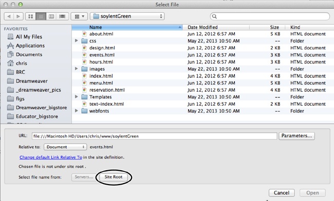 Every file in a website has to be somewhere inside a local root folder (see the box in ). This master folder holds all your site’s files, including subfolders that hold yet other files. Because the root is so central to site management, Dreamweaver includes a Site Root button (circled) in every window that requires selecting or saving a file. (This example shows a Mac window; on Windows PCs, the button is near the lower-right corner, as shown in .) Click this button to jump straight to your site’s root folder so you know exactly where you are on your hard drive, making it easy to navigate to the file you need.