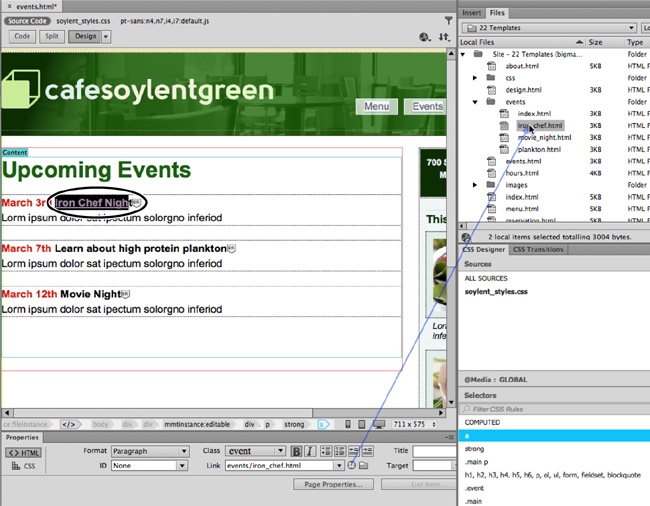 In the document window, select the text you want to turn into a link (circled). To link to another page, drag the “Point to File” icon (the radar image in the Properties panel) to a web page in the Files panel (right). In this example, Dreamweaver creates a link to the web page iron_chef.html. You could create the same link by Shift-dragging the selected text to the iron_chef.html page in the Files panel. The text doesn’t actually move, Dreamweaver just creates a link to the target page.