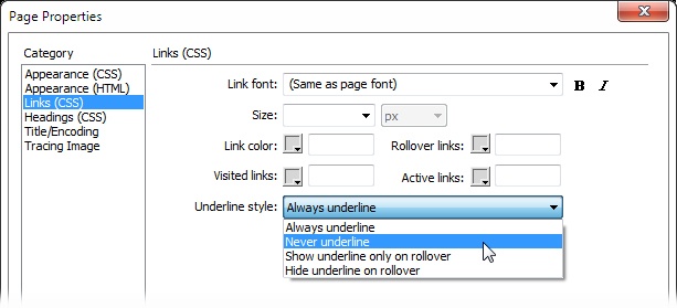 The Page Properties’ Links (CSS) window lets you set basic properties for the links on a page, including their font, color, and size. This window is mainly a shortcut for creating CSS styles.