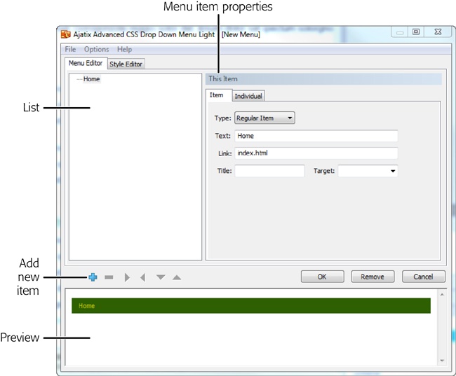 With Menu Light, you build your navigation menu one item at a time. You use the Menu Editor list (shown on the left in this figure) to add and organize menu items. Select an item in the list, and Menu Light displays its properties on the right, the most important of which are Text and Link. As you can see from the preview at the bottom of the window, the words you type in the Text box appear in the navigation menu. The Link box stores the link to a specific page or to a bookmark on a page.