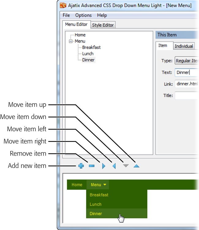 Menu Light displays the structure of your menu in standard outline form in the Menu Editor pane. You can expand and collapse the submenus by clicking the + or – buttons in Windows (shown here) or the flippy triangle on Macs. The preview pane at the bottom of the window not only shows you what your menu looks like, but it also lets you try out the drop-down menus. Menu Light automatically adds triangle icons to menu items that have submenus so visitors know they have more options.