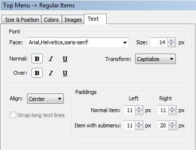 Use the Style Editor’s Text tab to style your menu buttons. You style the top menu and submenu text separately, but the Property panel and widgets for the menu and submenu are the same.