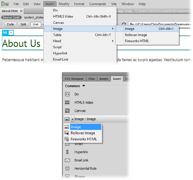 Top: The Insert→Image menu has a submenu that lets you insert three types of images. To insert an ordinary picture, choose the first option, Image.Bottom: The Insert panel works the same way. Click the triangle button to open the menu. Because the buttons on the Insert panel remember the last option you chose, you see that choice listed in the panel commands. That’s why you see “Image : Image” here. To insert another image, just click the “Image : Image” button—no need to futz with the submenu. Many designers keep the Insert panel open while they design a page because it’s a fast, easy way to pop elements into a page.