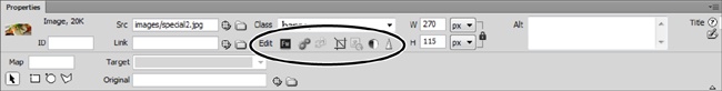 After you insert an image in your page, the image remains selected, and you see the properties for it in the Properties panel. Some of these properties are unique to images, such as the Edit options (circled), which you can use to crop, sharpen, and adjust the brightness and contrast of a pic.