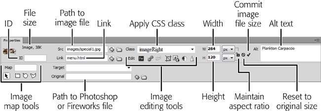 The Properties panel displays the selected graphic’s dimensions, source, alt text, and more. To the left of the file size (38K), you see either Image (meaning a regular GIF, JPEG, or PNG file) or PS Image (meaning the image comes from Photoshop).