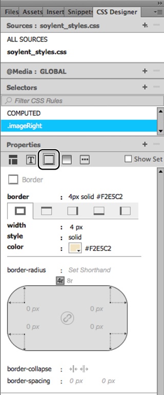 Click the Border button (circled) to see the options for framing a page element. Add colorful and stylish borders to paragraphs, images, tables, and links. Turning on only the bottom border for a paragraph is a great way to add a horizontal rule between paragraphs. While HTML’s Horizontal Rule object does the same thing, only CSS lets you control the rule’s color.