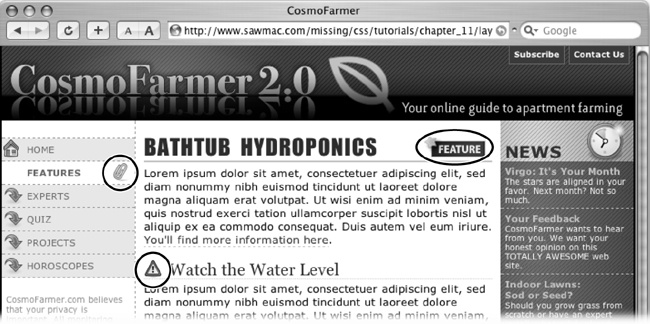 Background images aren’t just for the body of a web page. You can apply one to any page element, including links, headlines, and paragraphs of text. The circled graphics in this image are just a few examples of background images set to “no-repeat.”