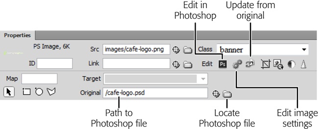 When you use Smart Objects on a page, the Properties panel makes the “Update from Original” button active, which lets you update the image on a page when you change the original image in Photoshop. You can also revisit the original image settings—if you decide, for example, that you want a PNG8 image instead of a GIF or if you want to change the compression settings—by clicking the Edit Image Settings button.