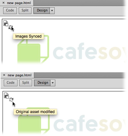 A Smart Object is a GIF, JPEG, or PNG file you import from Photoshop. The easiest way to determine the status of a Smart Object is to point to it.Top: The “Images Synced” message means there have been no changes to the original Photoshop file.Bottom: If the tooltip message reads “Original asset modified,” then it’s time to click the “Update from Original” button in the Properties panel.