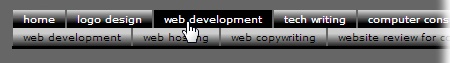 Rollover graphics appear frequently in navigation bars. Here, all the top and bottom buttons have a similar appearance. When you point to a button, as with “web development” here, your browser swaps in a new image, giving the button a pushed-in look.