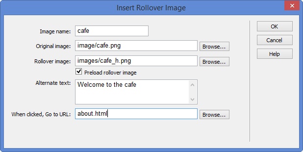 This box lets you specify the name, link, and image files browsers use to create a rollover effect. The “Preload rollover image” option forces browsers to download the rollover image along with the rest of the page to avoid a delay when a guest points to the image the first time.