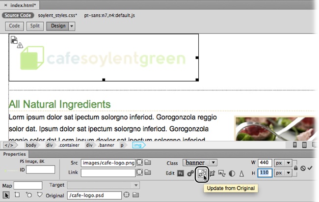 When you see a warning icon (the triangle) on a Smart Object, it usually means you resized the image on the page. The “Update from Original” button lets you recreate the image from the original to match the dimensions you’re after.