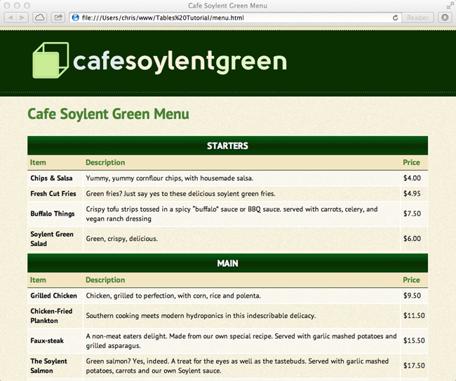 You can do all your page layout and design with CSS, and use tables for their intended purpose—displaying rows and columns of information. The list of tasty delights on this page is nestled inside a basic <table> tag, while the rest of the page—the logo, headline, and so on—is laid out using CSS.