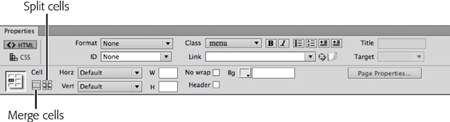 The Properties panel displays the settings of a cell. If you select an entire row of cells, or select <tr> from the Tag Selector, the background-color property (listed as “Bg” in the Properties panel) applies to the <tr> tag—to the whole row, in other words. But the W, H, “No wrap,” and Header options affect individual cells in the row only.