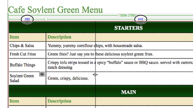 As you drag the border between cells, Dreamweaver displays the changing widths of the cells in real time.