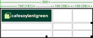 Because a web browser can’t shrink an image or hide part of it, the top-left cell in this table has to grow to fit it. That first column of cells now measures 161 pixels wide; the other two columns must shrink in order to keep the table 300 pixels wide. The numbers at the top of each cell indicate its width as set in the HTML—100—and, in parentheses, the actual width as displayed in Dreamweaver (161, 58, and 59).