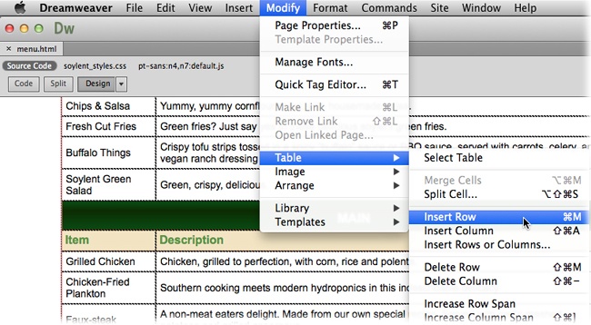 You can change many elements of a table. If you can’t remember them all, resort to the Modify→Table menu, shown here.