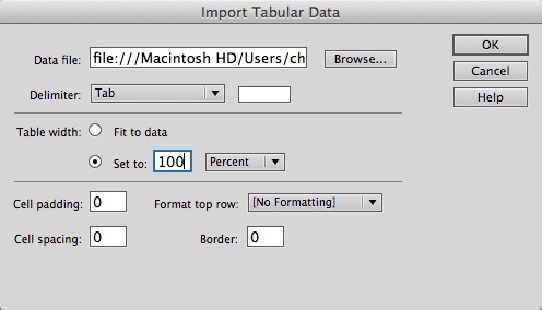 Dreamweaver makes it easy to import a text file’s worth of data into a brand-new HTML table. Leave the “Format top row” setting on No Formatting. You’re better off controlling the formatting—including the border, padding, and spacing attributes you earlier set to 0—with CSS.