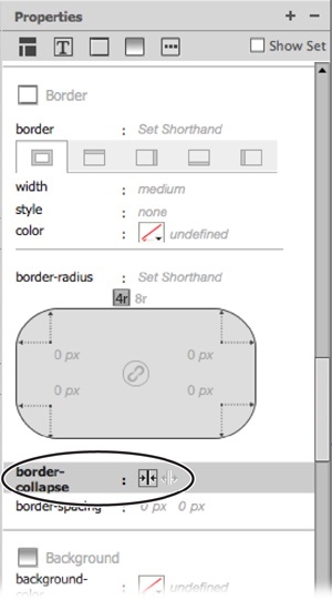 The border-collapse property (circled) offers you two options, represented by icons: collapse and separate. The collapse option (on the left above) resolves the double-border issue.