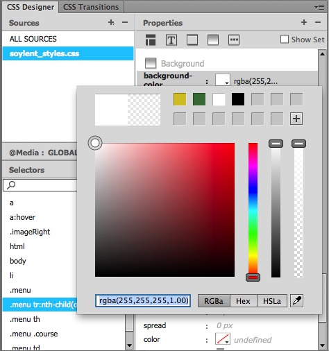 Dreamweaver’s color picker lets you choose different color formats. Here the RGBa model is selected, so the color specification is displayed as rgba(255,255,255,1.00). Translation to humanese: white. Changing that last number (1.00) to a fraction makes the color semi-transparent.